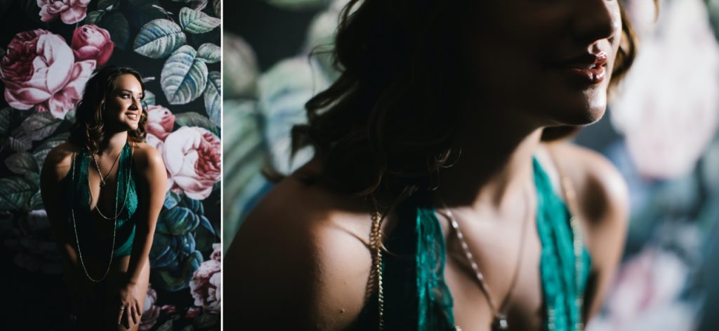 Side by side, brunette in teal lingerie boudoir photography by Lindsay Hite