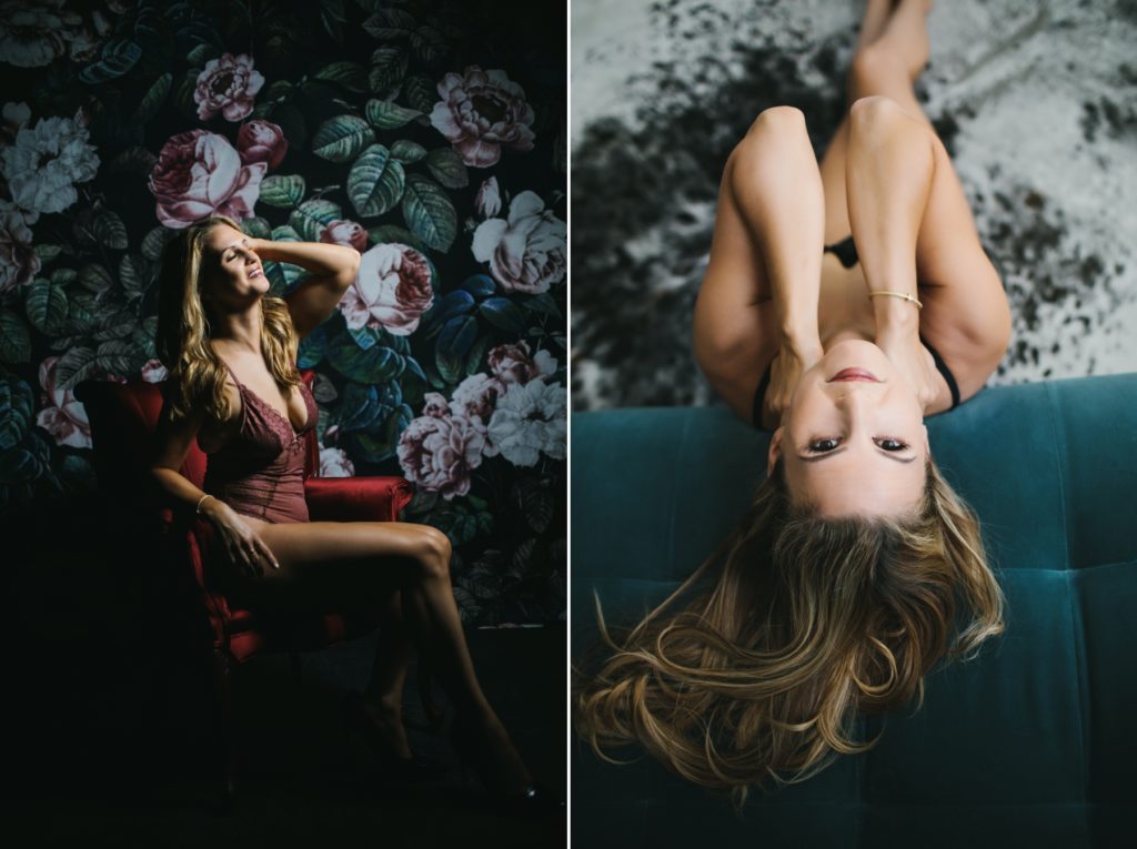 Double photo of confidence on display; boudoir woman in chair side by side with woman leaning against couch