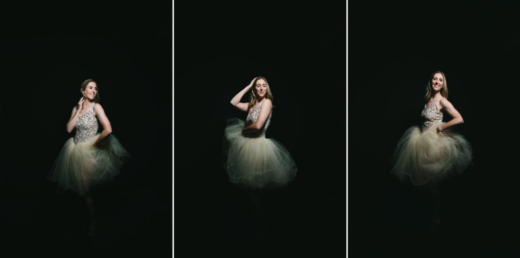 Trio of images, woman in white/gold tutu with black background