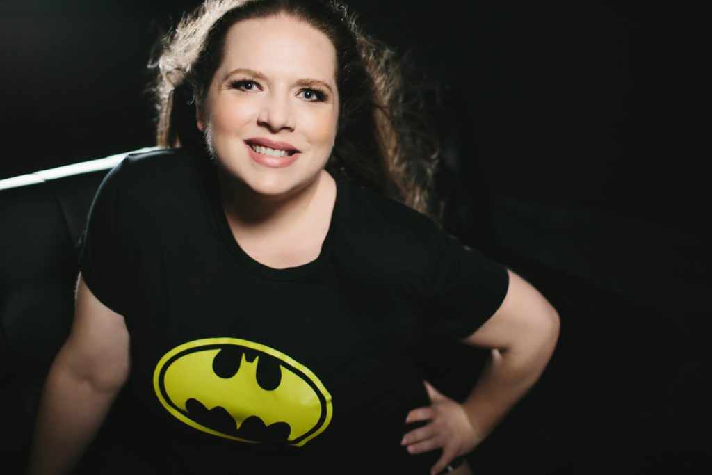 Headshot of brunette in Batman t-shirt; Boudoir Photography by Lindsay Hite