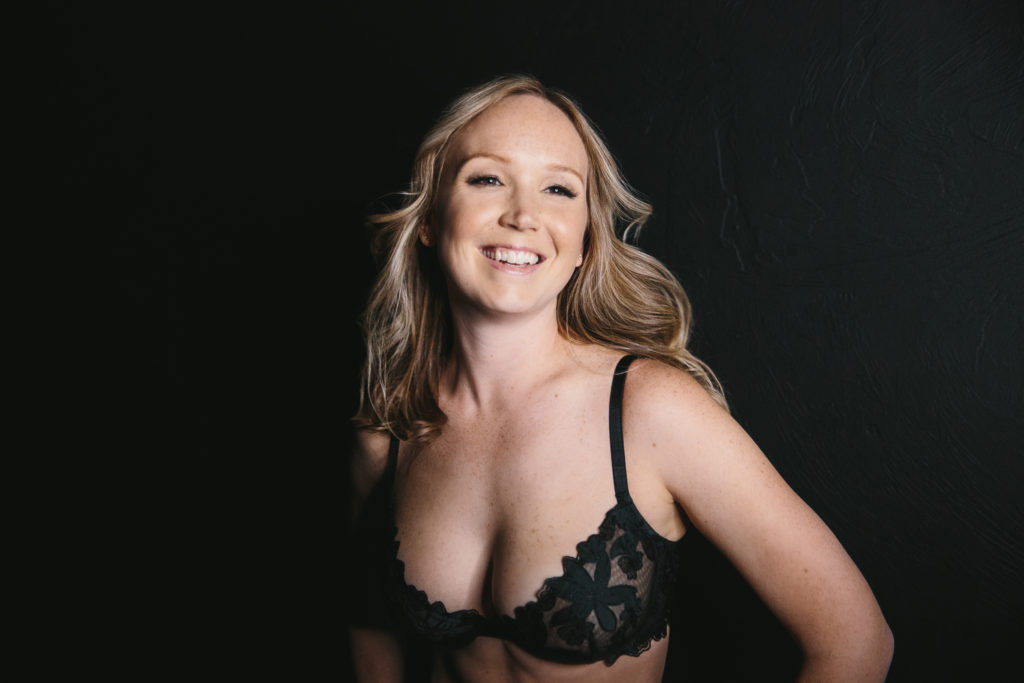 blonde headshot in black bra; women's empowerment photography by Lindsay Hite; how to prepare for a boudoir session