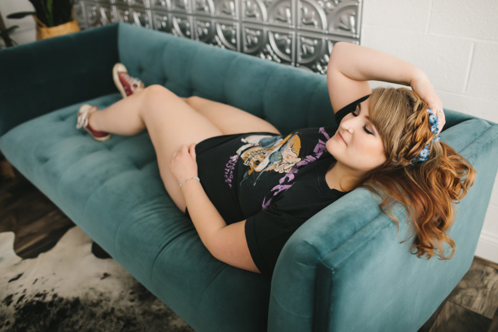 Casual boudoir, woman in t-shirt and panties; women's empowerment photography by Lindsay Hite