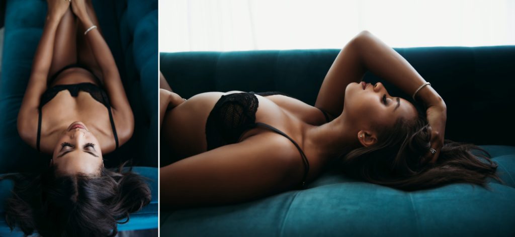 Boudoir Photo of woman in black lingerie on a teal couch; empowering luxury portrait experience; Lindsay Hite Photography