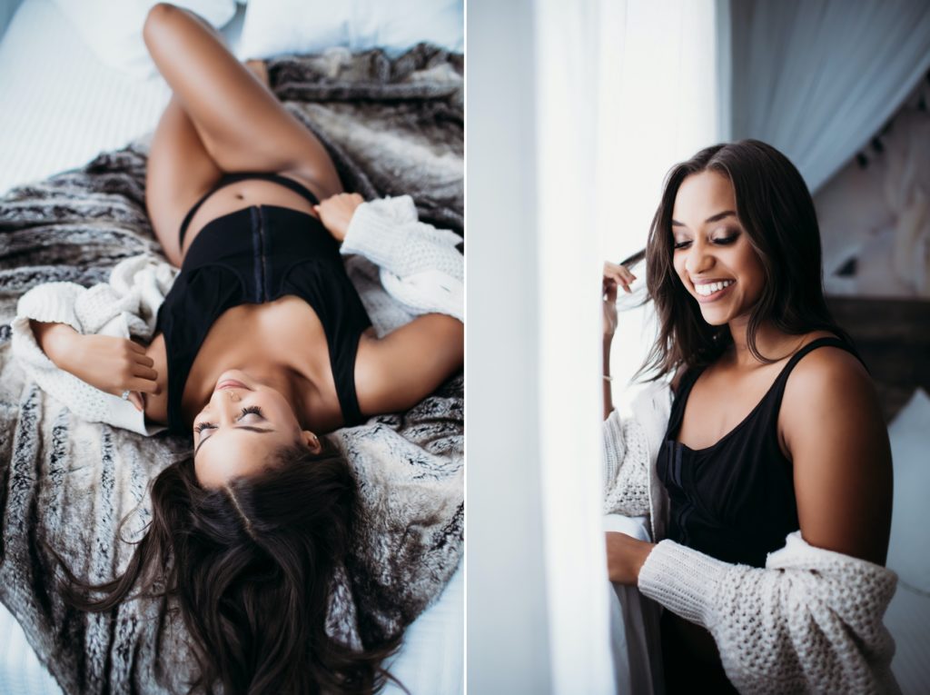 Casual boudoir look, side by side image with woman in sweater and on the bed; empowering luxury portrait experience; Lindsay Hite Photography