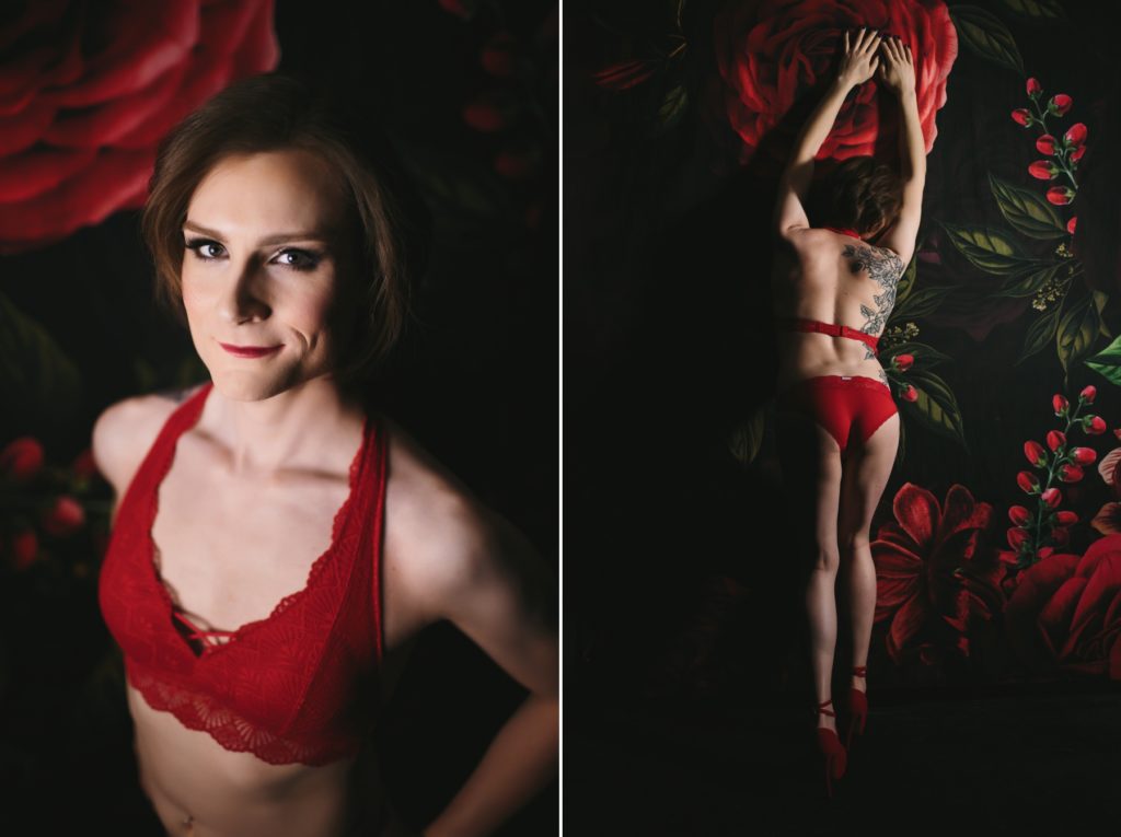 woman in red lingerie, with rose backdrop, Boston women's empowerment photography by Lindsay Hite