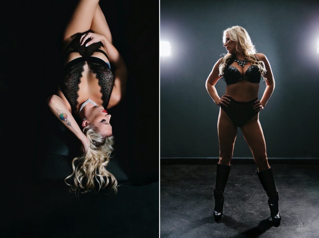 Side by side portrait of blonde woman in black lingerie; Into the Spotlight with Boudoir Photography by Lindsay Hite
