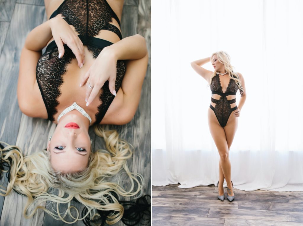 Side by side portrait of blonde woman in black lingerie; Into the Spotlight with Boudoir Photography by Lindsay Hite