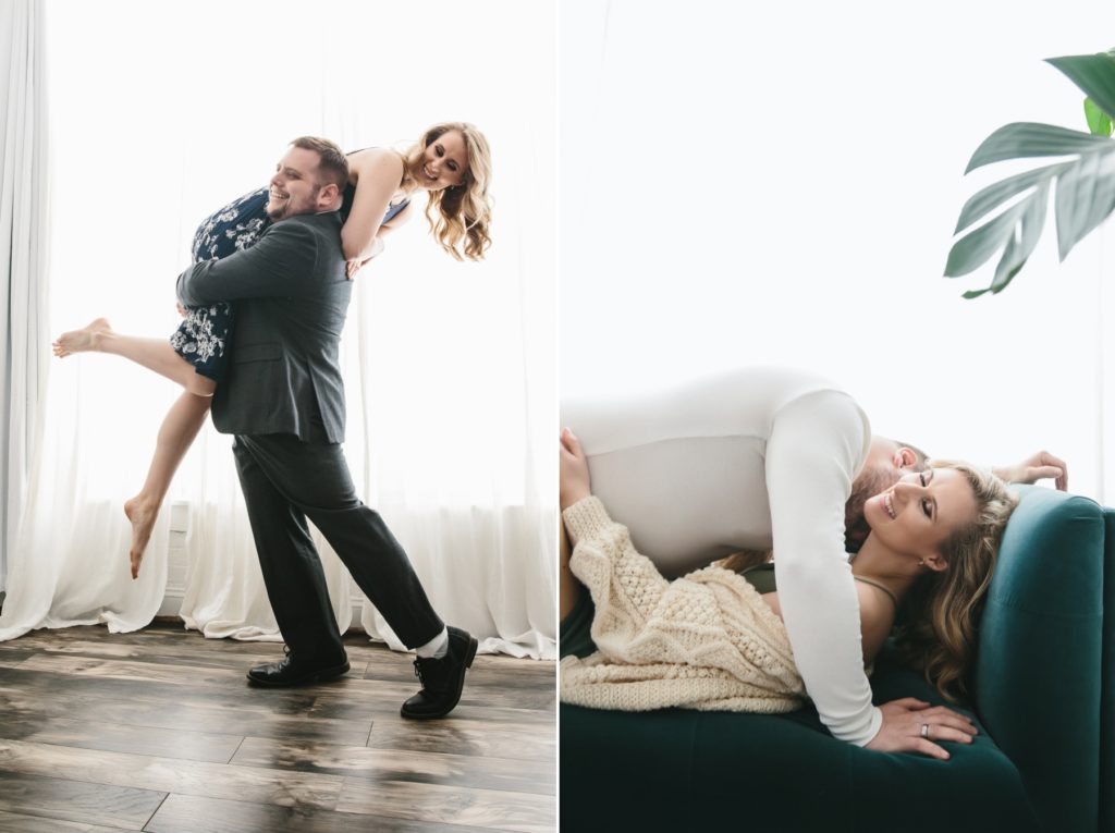 Side by side photos, on left man in suit picks of woman in dress, on right man kissing woman on couch; Rom-Com inspired Couples Spark Session photography by Lindsay Hite