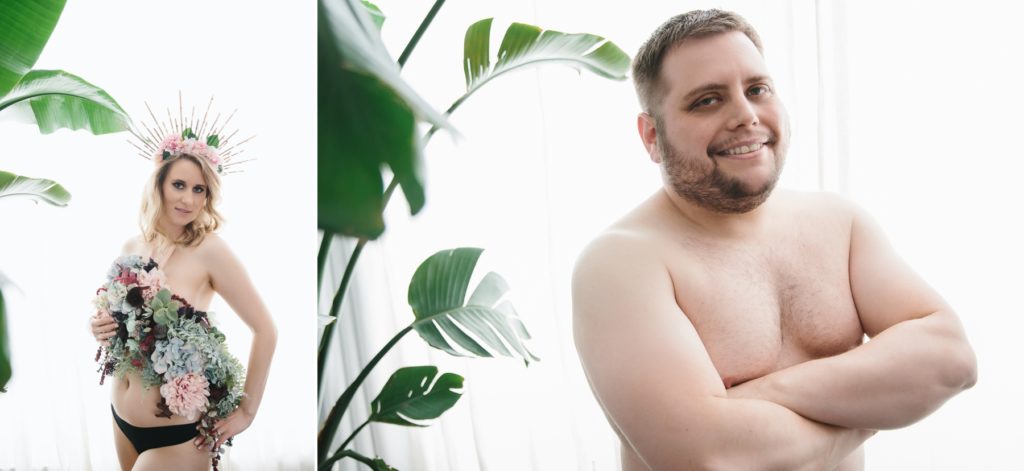 Side by side boudoir photo of woman in flowers and man shirtless; photography by Lindsay Hite