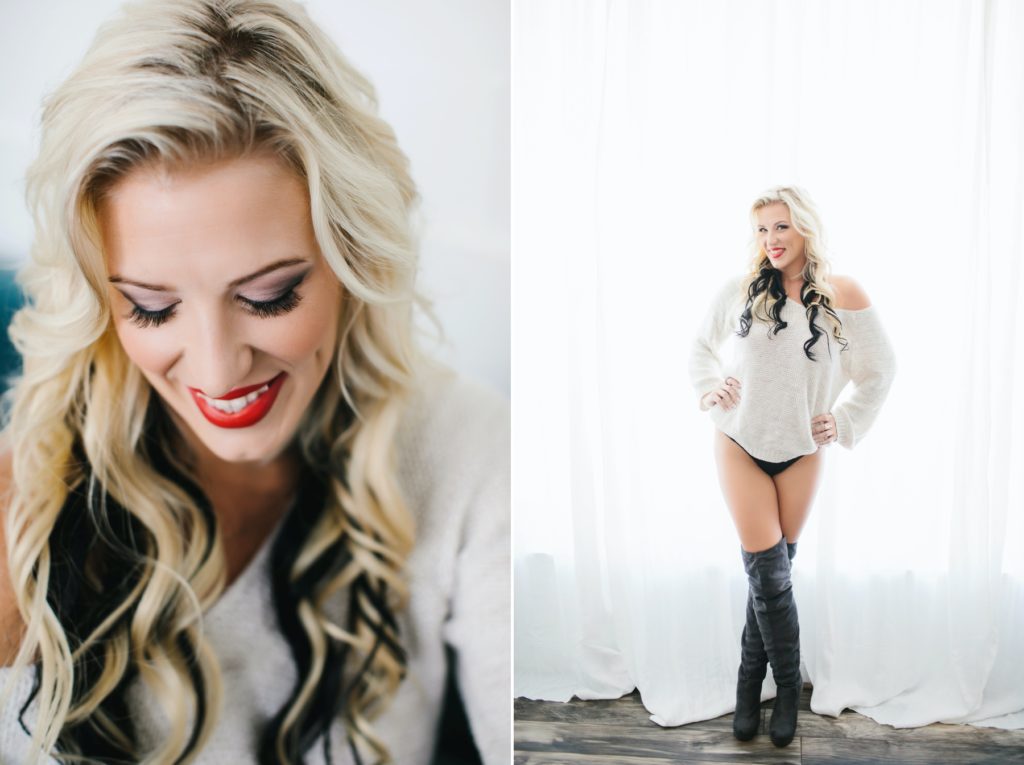Woman in oversized sweater and knee-high boots, boudoir photography by Lindsay Hite