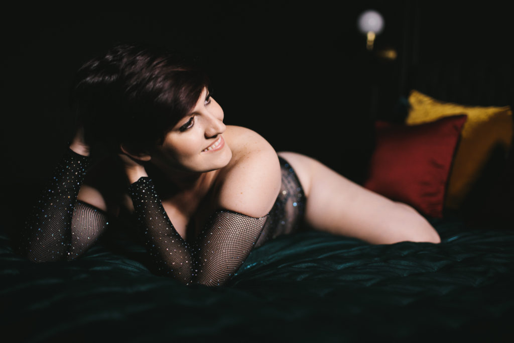 short haired woman in fishnet bodysuit; A Gift For Yourself: Boudoir Photography by Lindsay Hite