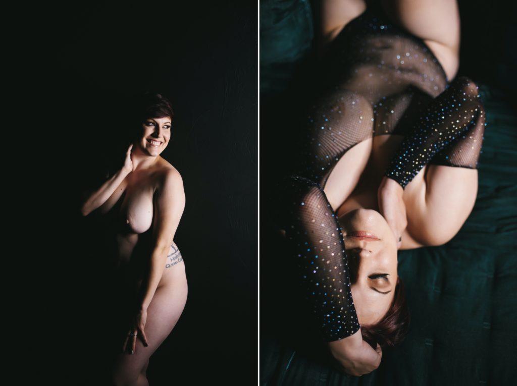 Side by side portraits of short haired woman in fishnet lingerie and artistic nude; photography by Lindsay Hite
