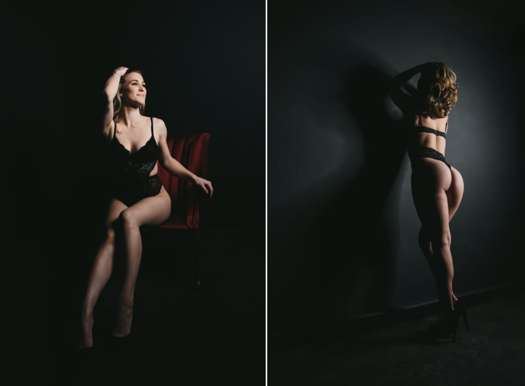 Side by Side of Blonde woman in black 2 piece lingerie against a black backdrop, boudoir photography by Lindsay Hite