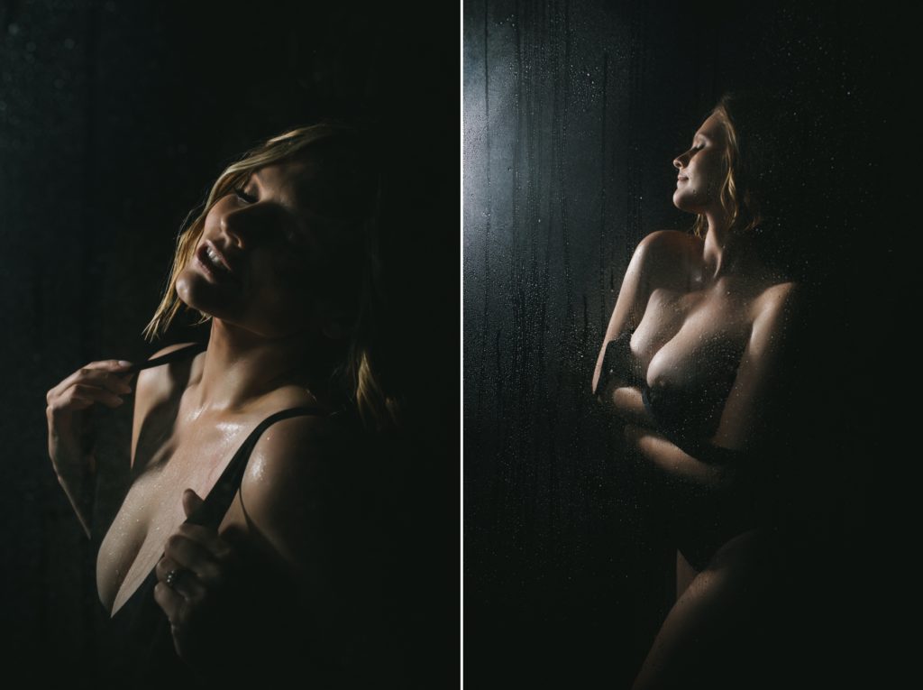 Transformation through boudoir photography, woman in black tank top in the shower; photography by Lindsay Hite
