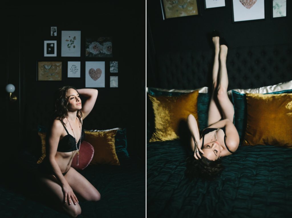 Side by side images of brunette woman in black 2-piece lingerie on dark bed; boudoir photography by Lindsay Hite