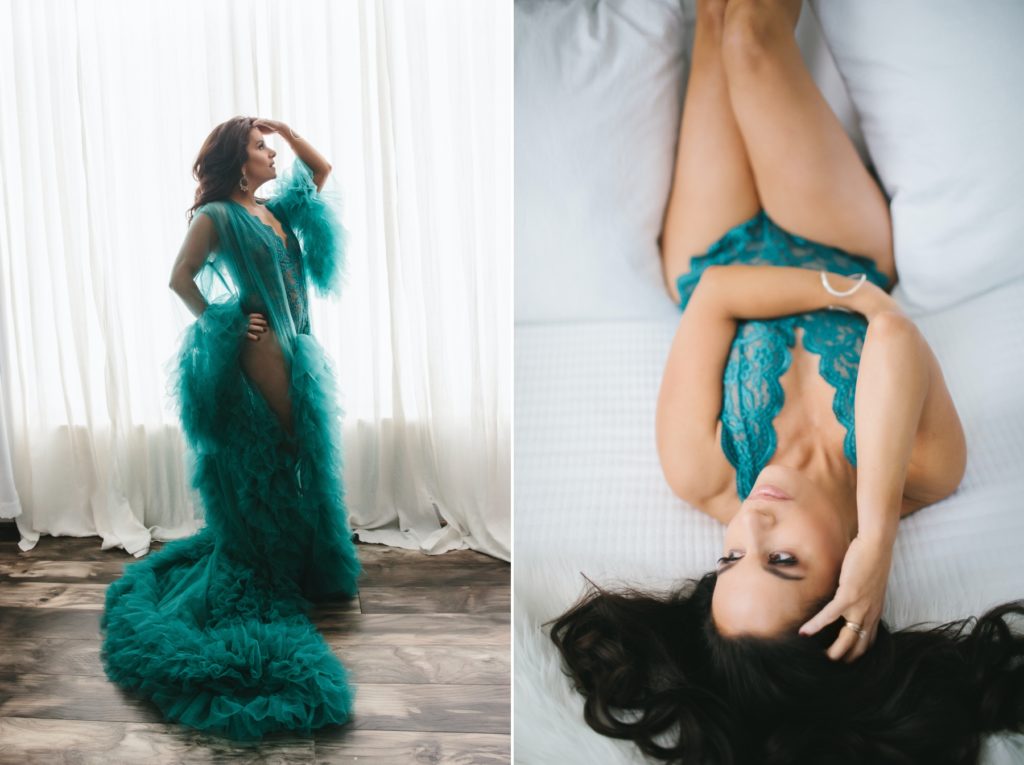 side by side images of brunette woman in teal hollywood glam robe (on left); teal lace bodysuit (on right); boudoir photography by Lindsay Hite