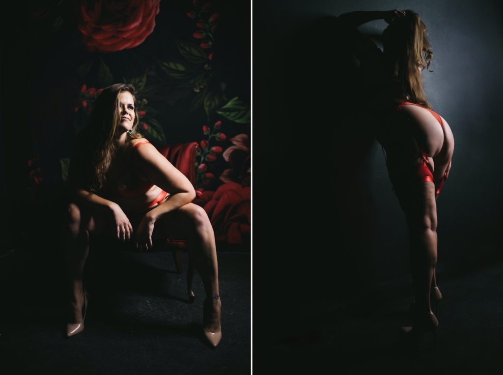 side by side of brunette in power seated pose and tushie portrait, photography by Lindsay Hite