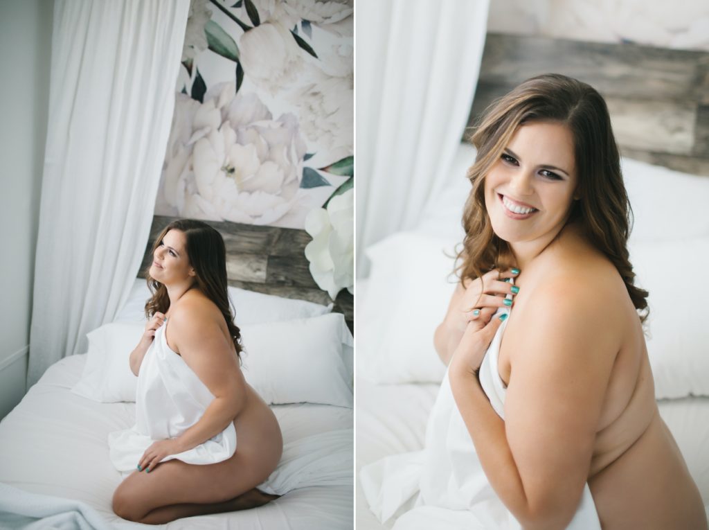 Brunette between the sheets; Transformative Boudoir Experience by Lindsay Hite