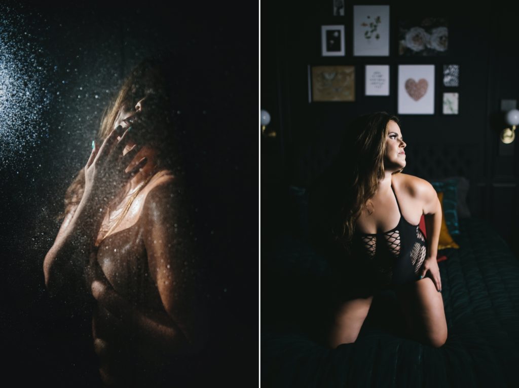 woman in black lingerie with black background; photography by Lindsay Hite