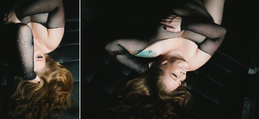 Side by side of blonde woman in fishnet bodysuit and black background, Could boudoir photography be for me?; boudoir photography by Lindsay Hite