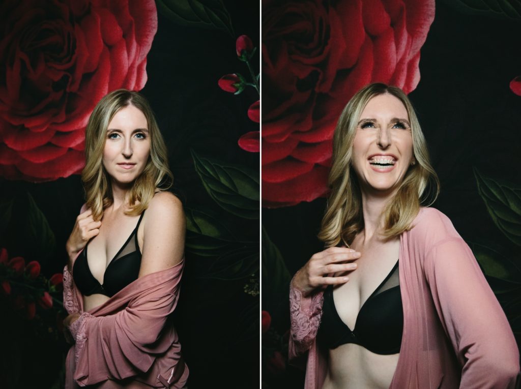 side by side images of blonde woman in black 2 piece linger and rose colored robe in front of rose backdrop; boudoir photography by Lindsay Hite