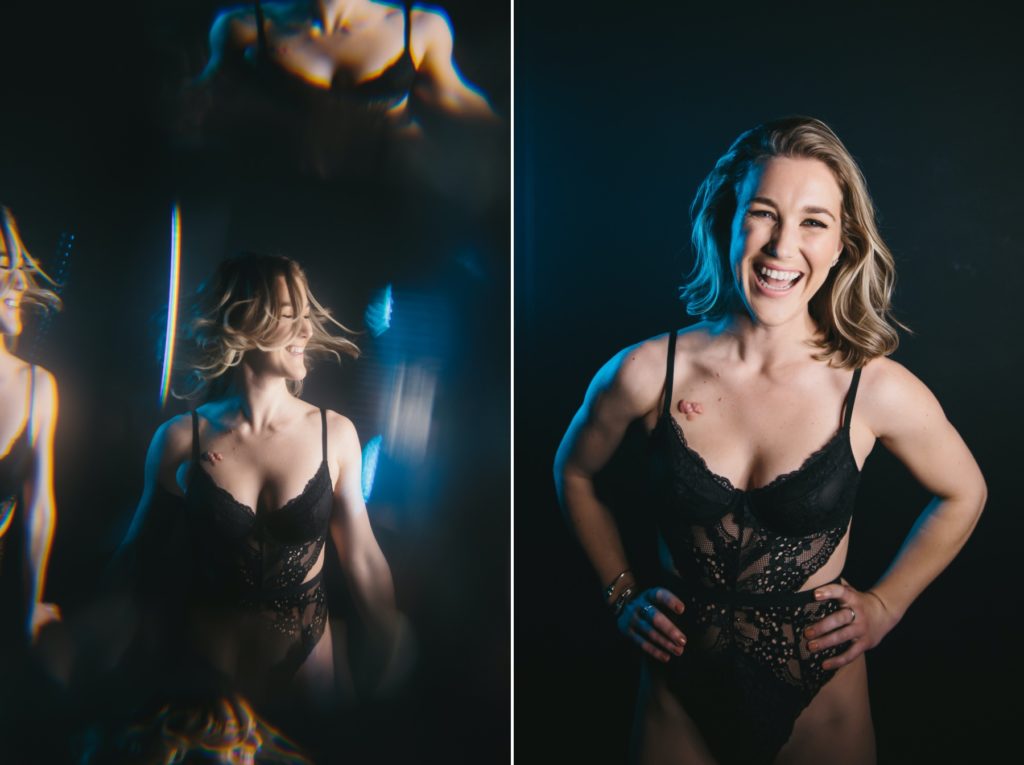 Side by Side Photos of Woman in black lingerie with chest cancer scar; boudoir photography by Lindsay Hite