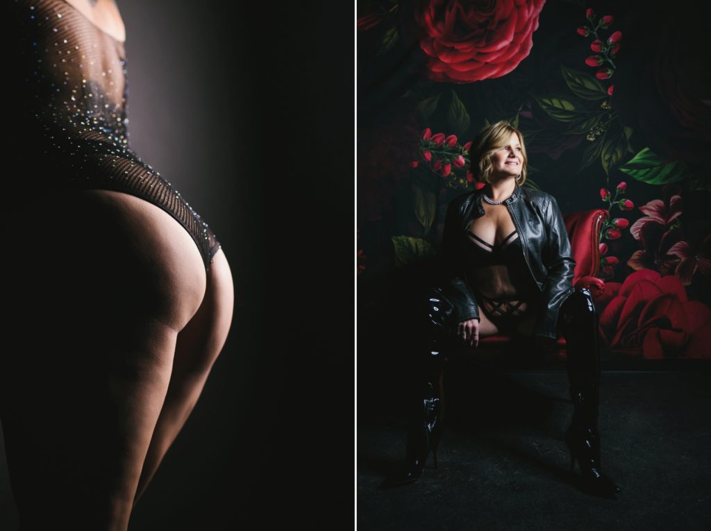 Side by Side image of woman; on left woman in fishnet body suit on right woman in black strappy lingerie with leather boots and jacket with a rose backdrop; boudoir photography by Lindsay HIte
