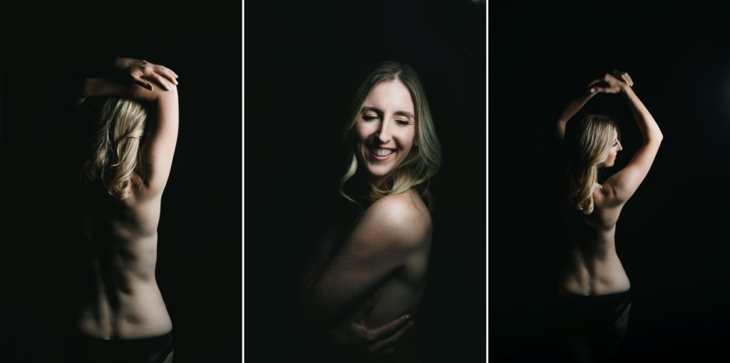 Side by side of woman topless with black background