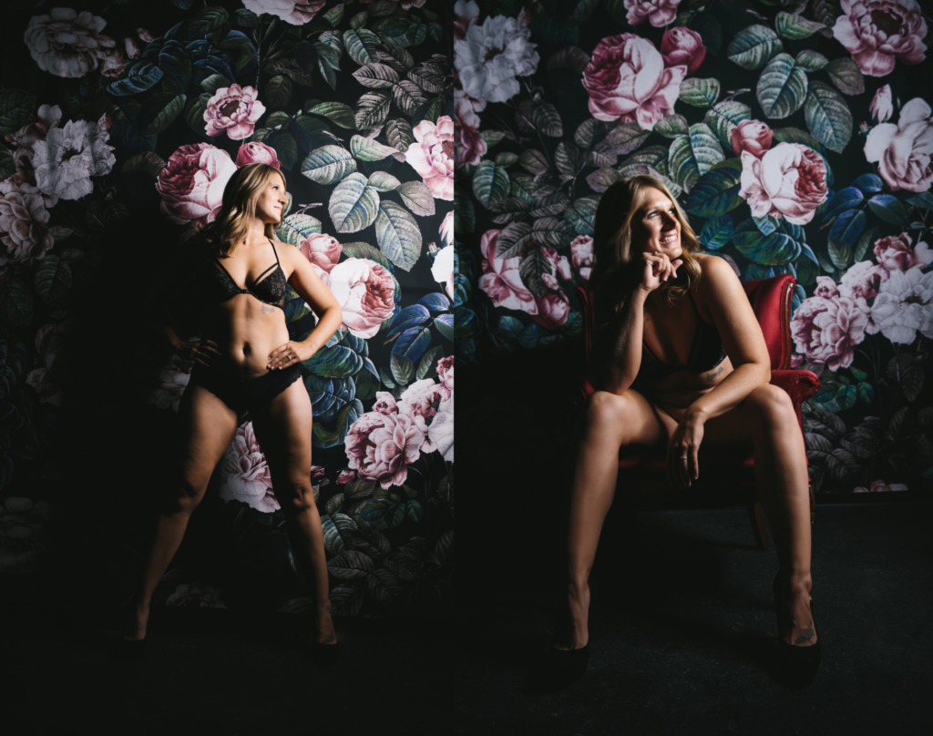 Side by side portraits of a woman in power poses with a floral background, photography by Lindsay Hite