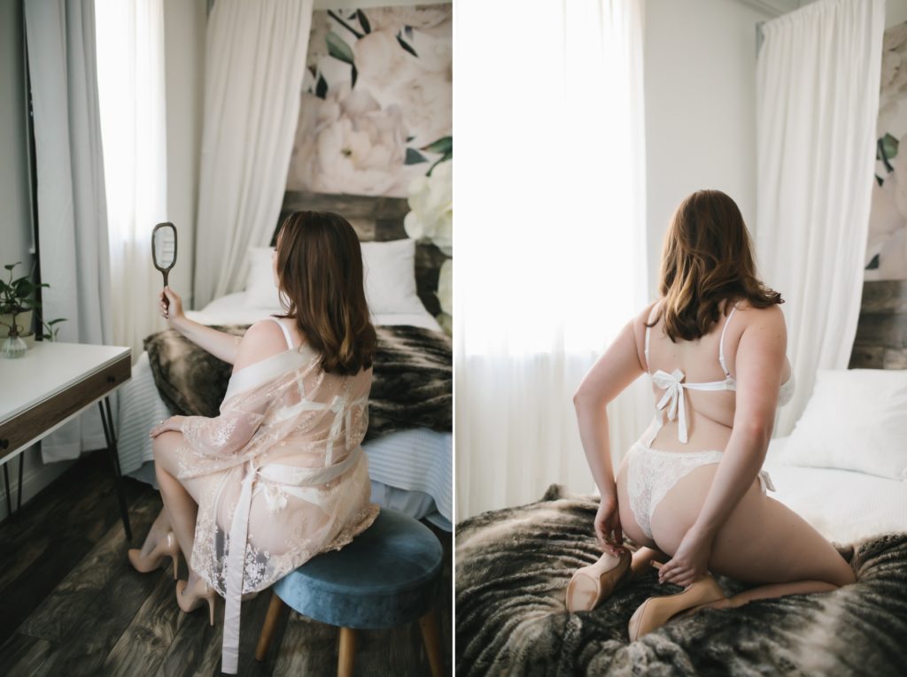 Bridal Boudoir Photography by Lindsay Hite; woman in lace robe look at herself in a mirror; woman kneeling on bed in white lace lingerie
