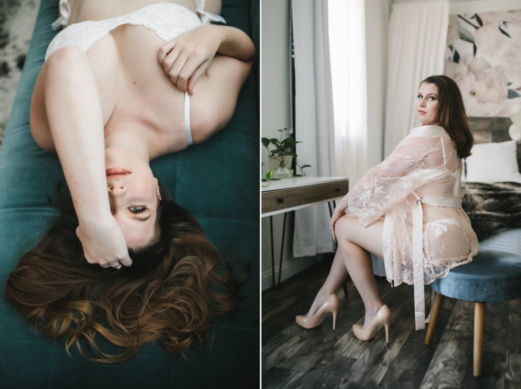 Side by side image of woman in bridal boudoir photography; On left, woman in white late lingerie on teal sofa, on right, woman in see through lace robe in beige heels sitting on a stool; photography by Lindsay Hite