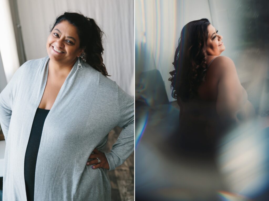 Side by Side image of woman before a boudoir session and then during a boudoir session; photography by Lindsay Hite