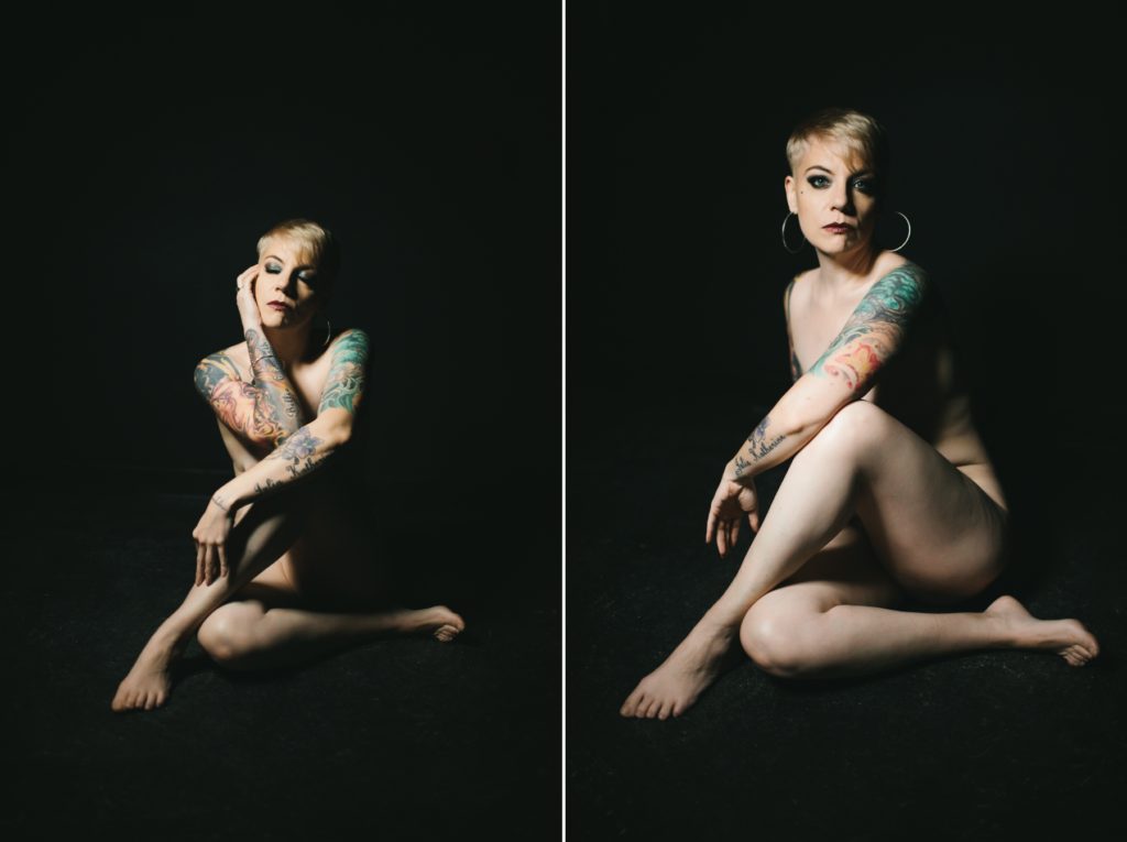 Side by side image of woman nude with tattoos with a black backdrop.  Photography by Lindsay Hite