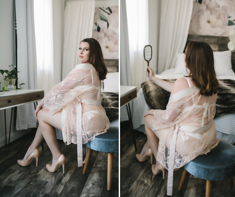 Side by Side of woman in lace robe sitting at a modern vanity; boudoir photography by Lindsay Hite