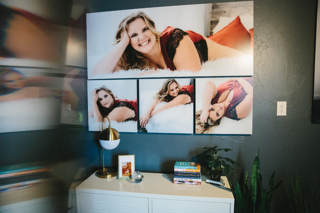 Metal wall art with 4 images of a woman in red lingerie.  Photography by Lindsay Hite. 