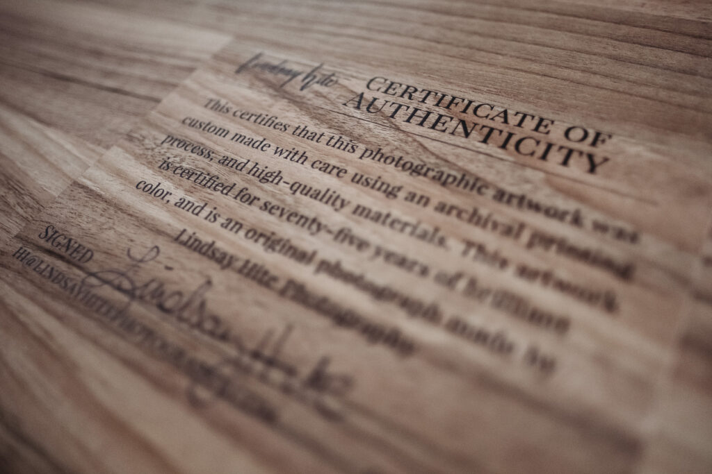 Image of certification of authenticity for wall art; photography by Lindsay Hite