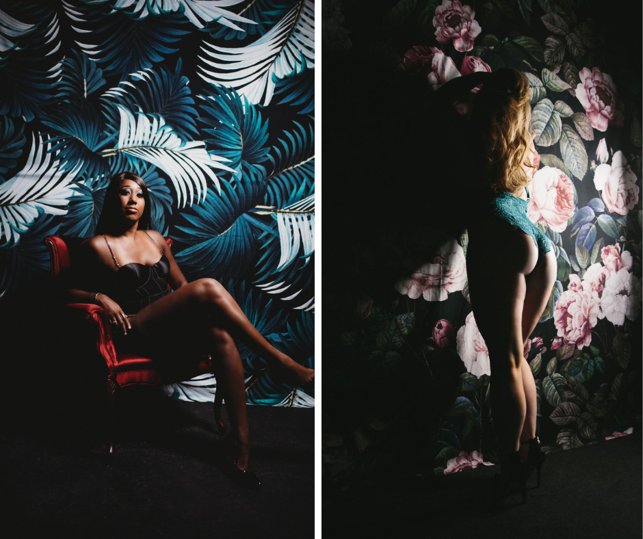 Side by side of two different women with two different backdrops.  Woman on the left is sitting in a red velvet chair with ferns as the the backdrop.  Woman on the right is facing away from the camera with peonies as a backdrop.  boudoir photography by Lindsay Hite