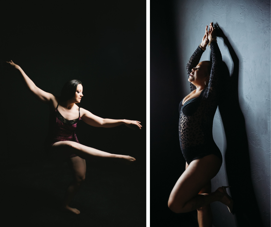 Dark and Mood Boudoir Scenes, Side by side image of two women in an all black set; boudoir photography by Lindsay Hite