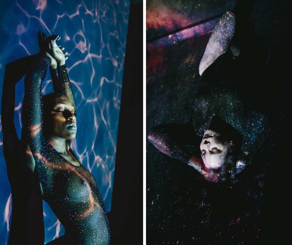 Side by side image of two different women with projected images on their bodies.  boudoir photography by Lindsay Hite