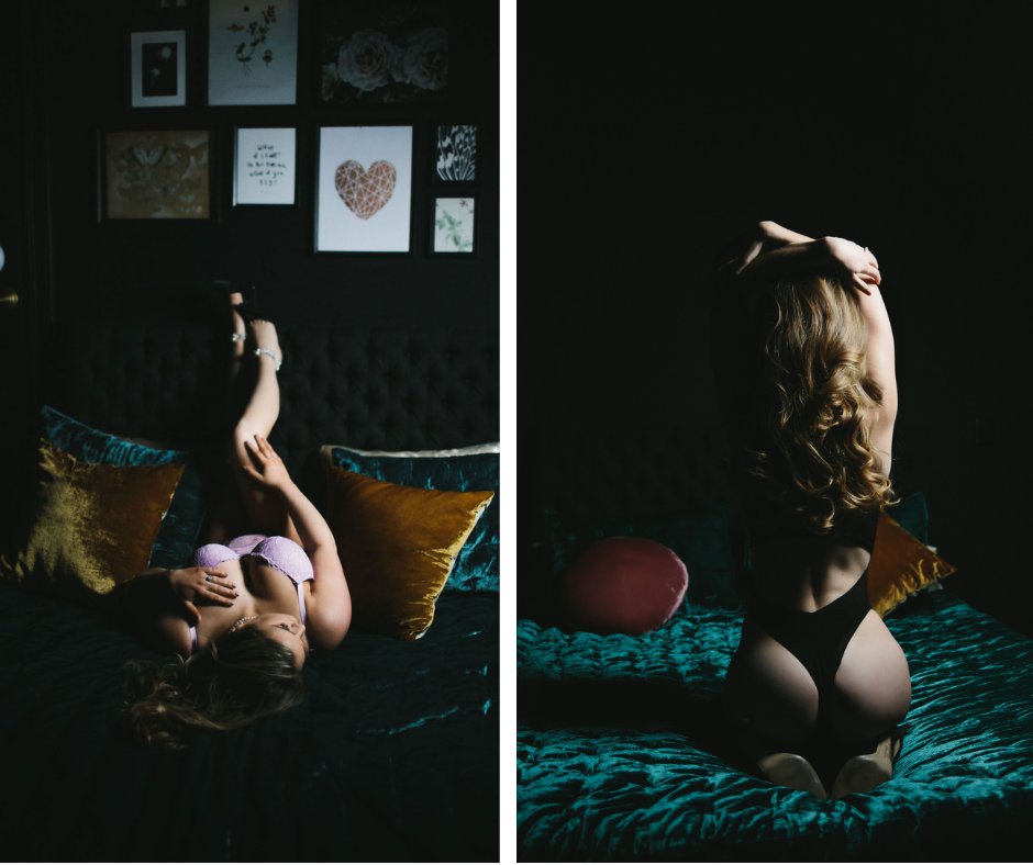 Side by side image of two different women on a velvet dark teal bedspread with jewel-toned pillows.  boudoir photography by Lindsay Hite
