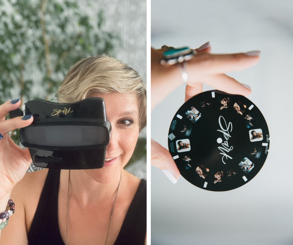 Side by side image; on left, woman holding a viewfinder, on right, an image of the viewfinder disc featuring 7 boudoir images; by Lindsay Hite
