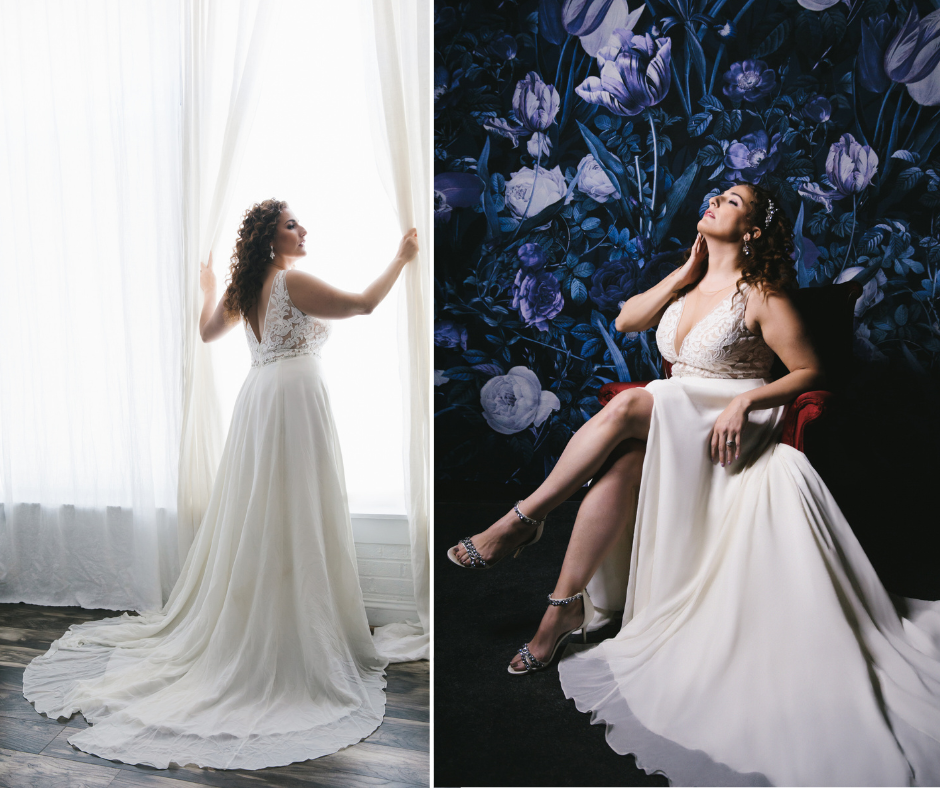 Side by Side images of woman in wedding dress. Photography by Lindsay Hite.