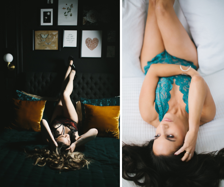Side by Side image of two different women laying on their backs with legs up in the air.  Boudoir photography by Lindsay Hite