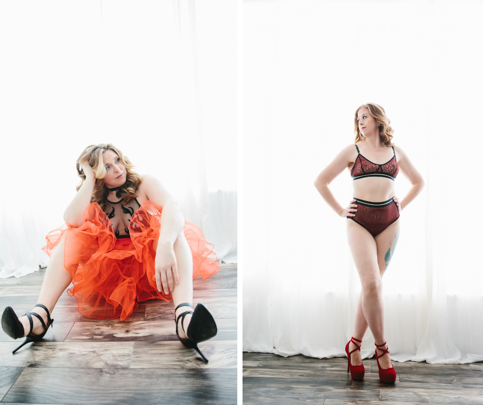 Side by side image of a woman in heels.  On the left, while wearing a red tutu and black strappy heels.  On the right, the same woman standing in tall red tie-up heels. Boudoir photography by Lindsay Hite. 