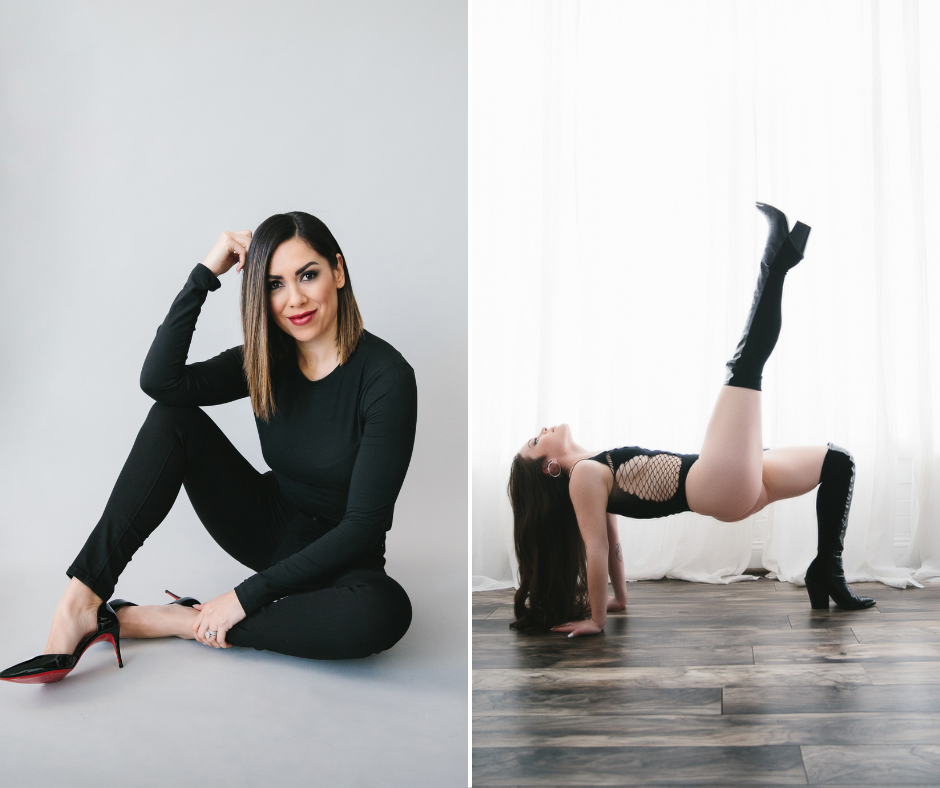 Side by Side image with women in black, on the left a woman with a professional look with heels and on the right, a woman in black lingerie and knee-high black high heeled boots. 
Boudoir photography by Lindsay Hite. 