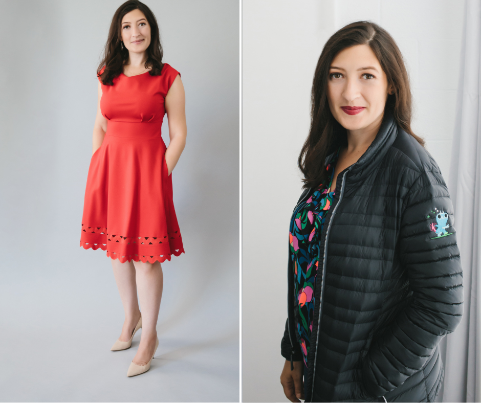 Side by side branding photography image.  On the left, a woman in a red dress and beige heels on a gray background.  On the right, the same woman in a floral top and puffer jacket.  Brunette woman in a red dress with a grey background.  Branding photography by Lindsay Hite at Show Your Spark. 