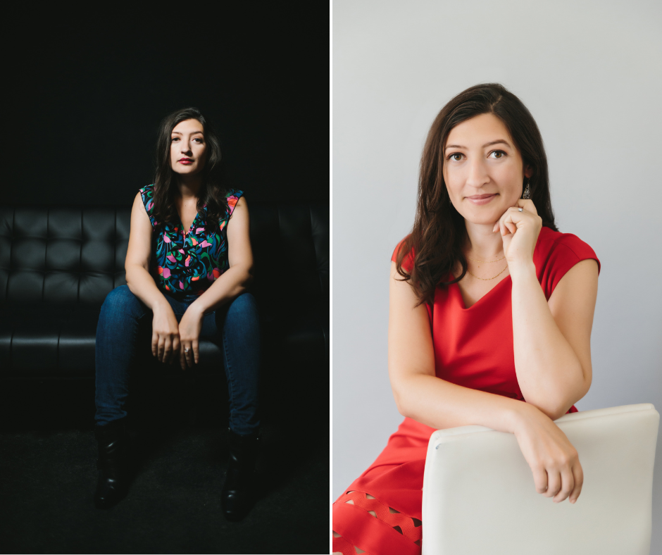 Side by side branding photography images.  On the left, a woman in a floral sleeveless top and jeans sitting on a black sofa with a black backdrop.  On the right, the same woman in a red dress sitting on a cream colored chair with a grey background.  Brunette woman in a red dress with a grey background.  Branding photography by Lindsay Hite at Show Your Spark. 