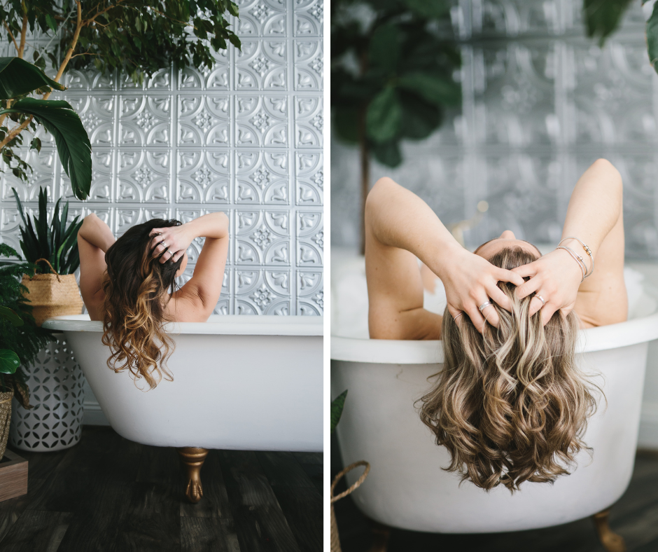 Side by side image of women in bathtubs cascading their hair outside of the white bathtub.  Boudoir photography by Lindsay Hite. 