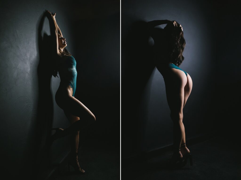 Side by side image of a woman in green lingerie with a black backdrop.  Boudoir photography by Lindsay Hite. 