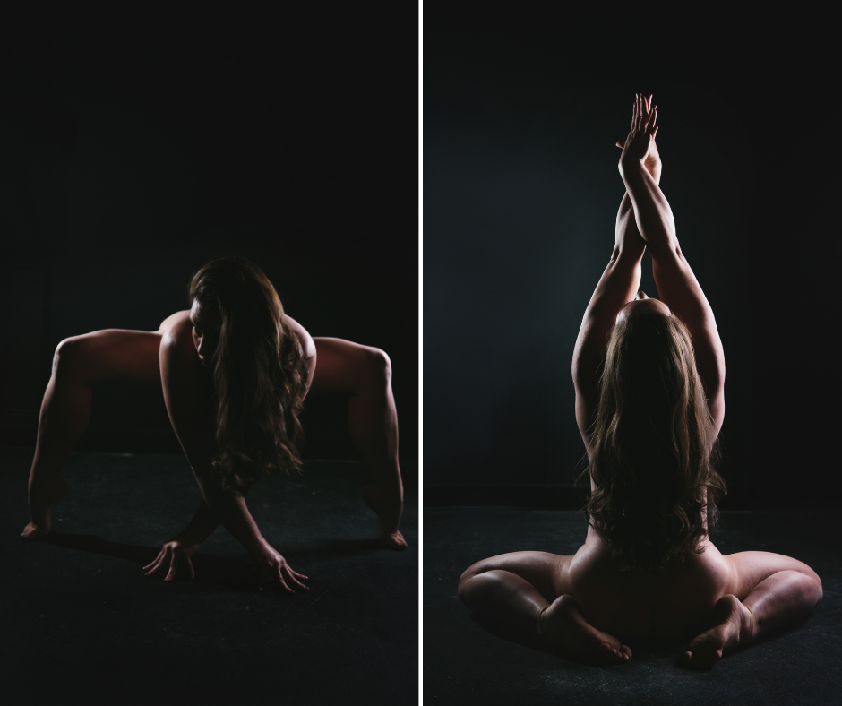 Side by Side image of a nude Caucasian  woman with black lighting and an all black background.  Artistic nude photography by Lindsay Hite